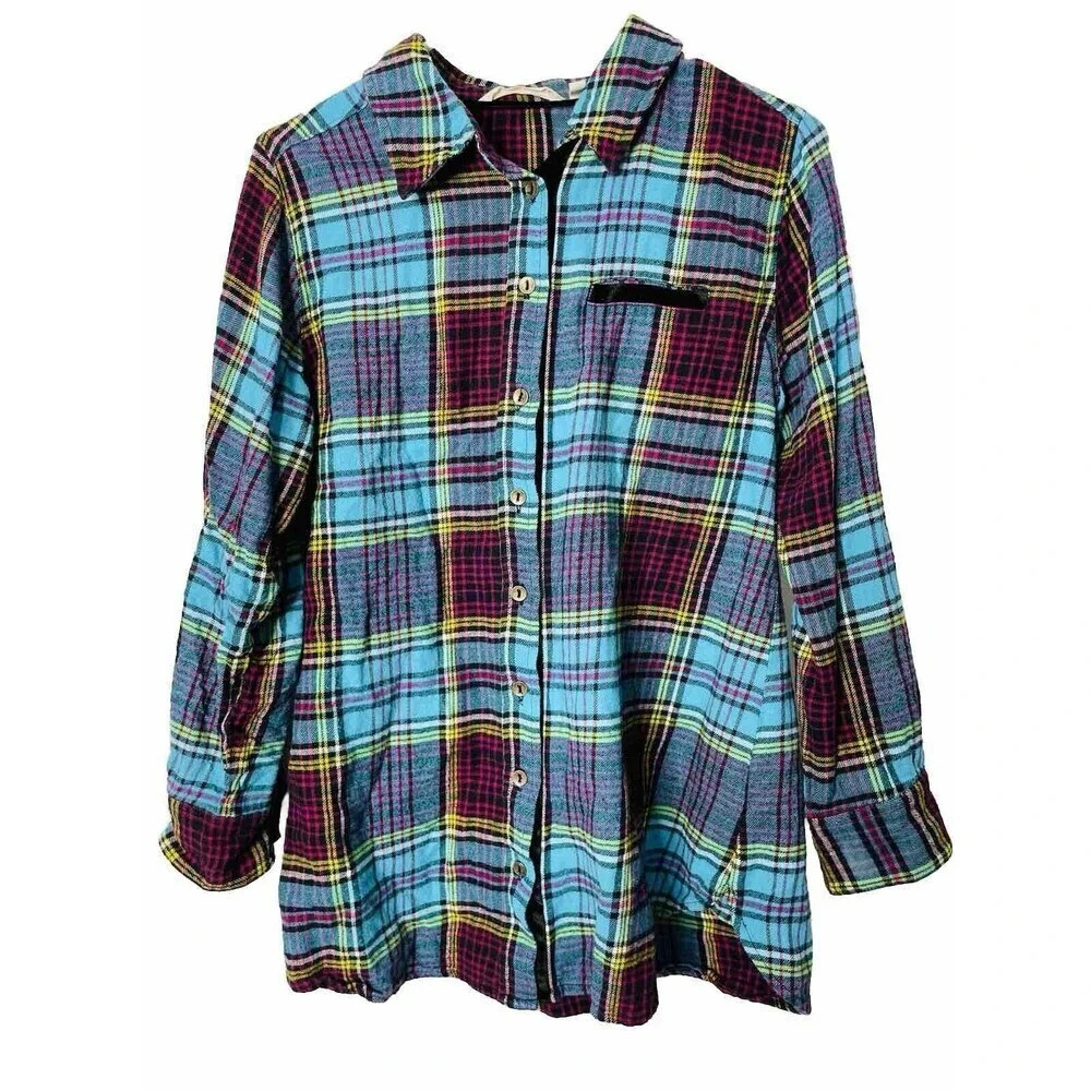 Soft Surroundings Plaid Button Up Shirt Sz PS Velvet Accent Long Sleeve Colorful